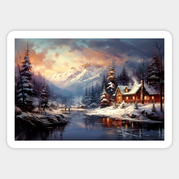 Oil Painting of a Mountain Cabin in Winter Sticker by jecphotography